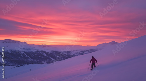 A skier descending a wide-open slope at sunrise with pink and orange light painting the sky.