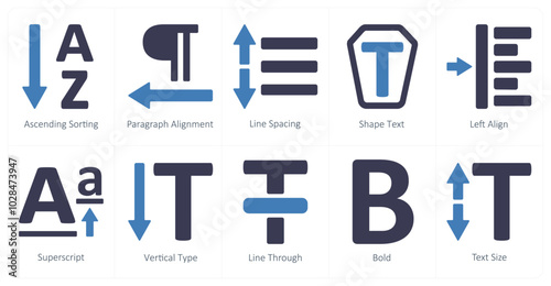 A set of 10 editing tools icons as ascending sorting, paragraph alignment, line spacing