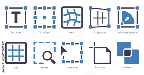 A set of 10 editing tools icons as text area, transform, mesh