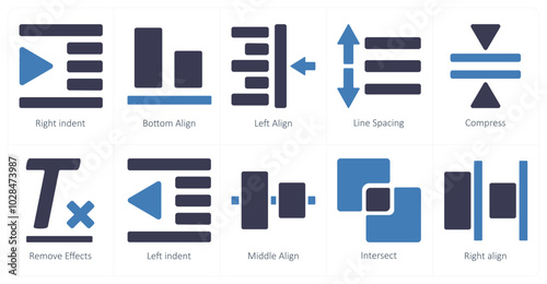 A set of 10 editing tools icons as right indent, bottom align, left align