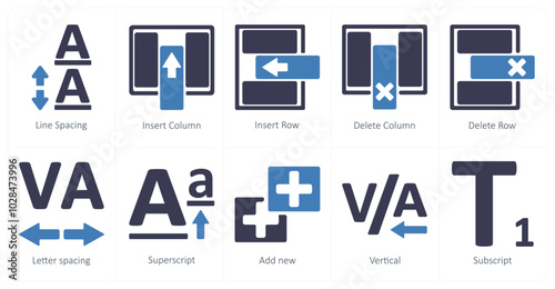 A set of 10 editing tools icons as line spacing, insert coloumn, insert row