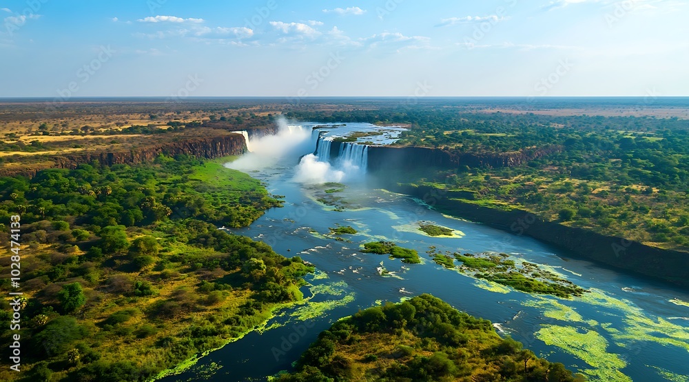 An aerial view of the river majestic Victoria Falls in Zimbabwe