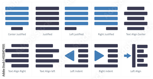 A set of 10 editing tools icons as center justified, justified, left justified