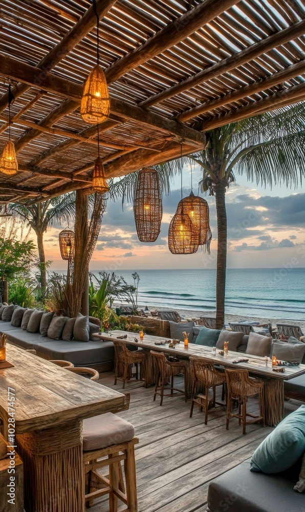 Fototapeta premium Beachfront dining with woven lights and ocean view.