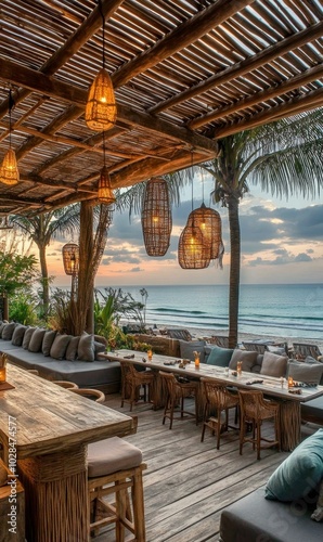 Beachfront dining with woven lights and ocean view.