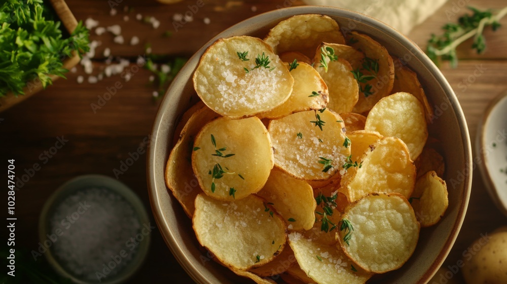 Homemade potato chips in a bowl with salt and thyme on a wooden table. Homemade potato chips in a bowl with salt and thyme on a wooden table.