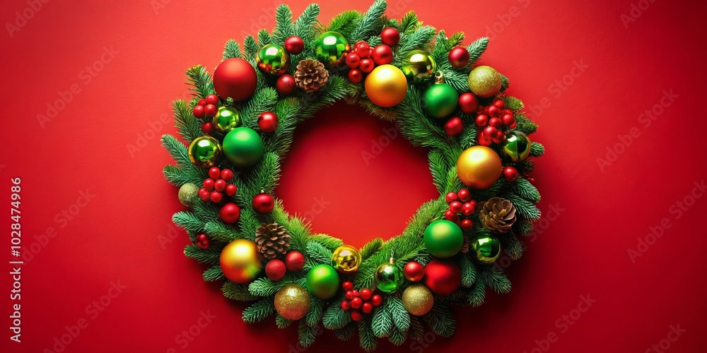 A vibrant green Christmas wreath adorned with festive decorations on a rich red background, ideal for conveying holiday greetings and enhancing cheerful designs. A vibrant green Christmas wreath adorned with festive decorations on a rich red background, ideal for conveying holiday greetings and enhancing cheerful designs.