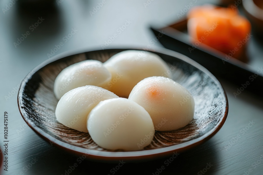Sweet japanese mochi dessert on plate - generative ai Sweet japanese mochi dessert on plate - generative ai