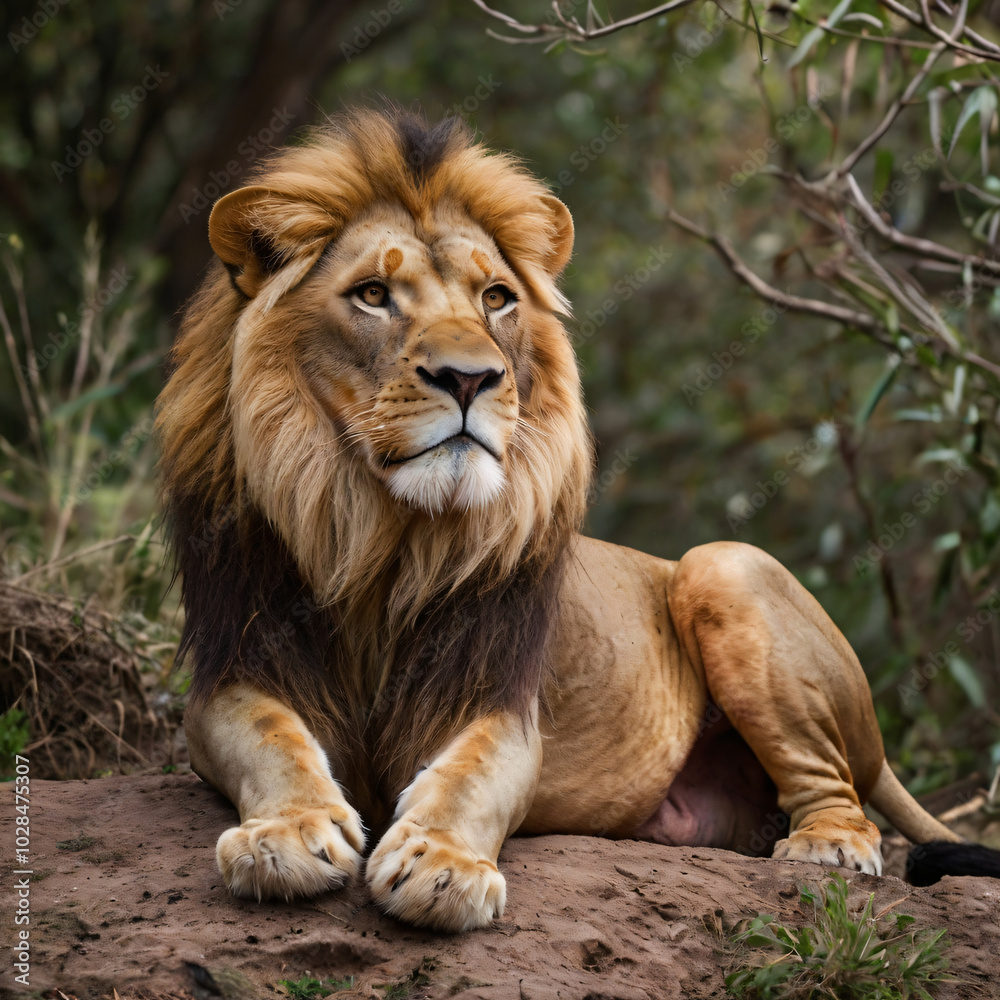 Strong male lion with confident, golden light, generative AI Strong male lion with confident, golden light, generative AI