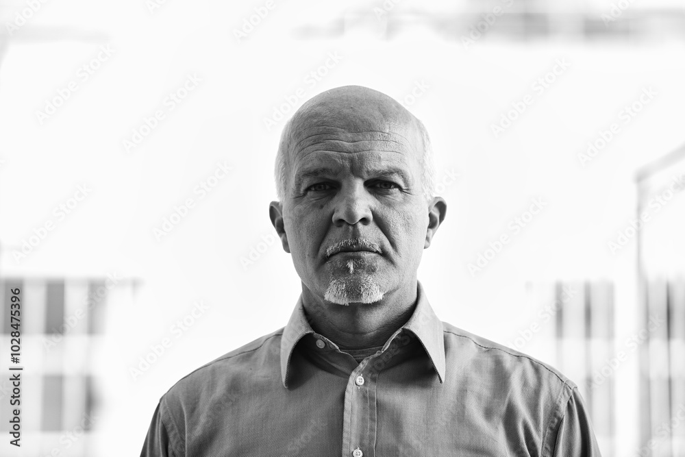 Fototapeta premium Senior manager posing in black and white with city in background