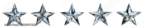Set of silver crystal glass five pointed glossy star icons with intricate faceted surfaces. Isolated cutout on transparent or white background.