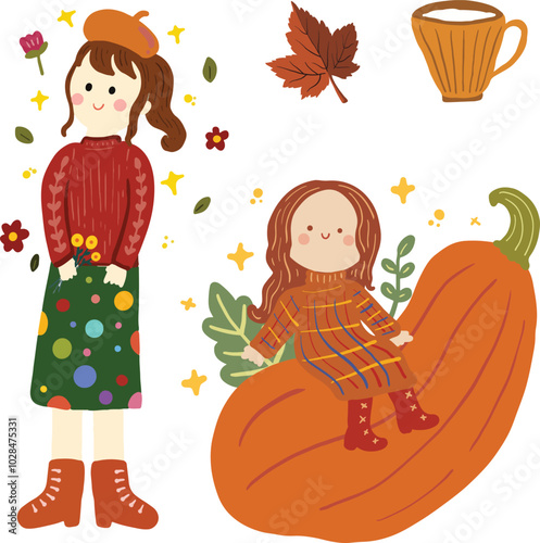 Cozy fall illustration - set of tea cup, cute girl, mapple, pumpkin - autumn vector illustration - children illustration