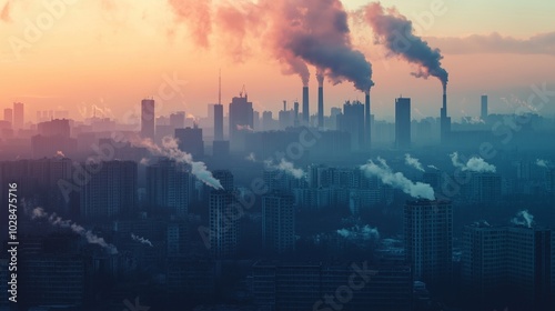 busy cityscape with skyscrapers and towering smokestacks