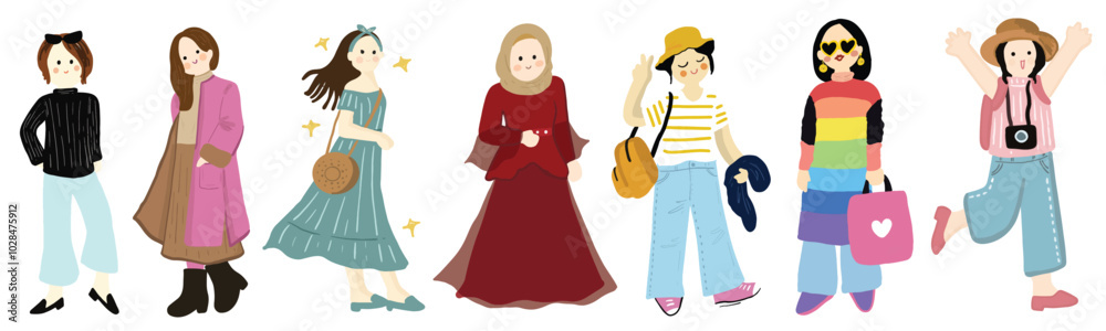 Modern women collection. Female diverse faces of different ethnicity. Women empowerment movement pattern. International womens day graphic vector. Isolated on transparent background. Modern women collection. Female diverse faces of different ethnicity. Women empowerment movement pattern. International womens day graphic vector. Isolated on transparent background.