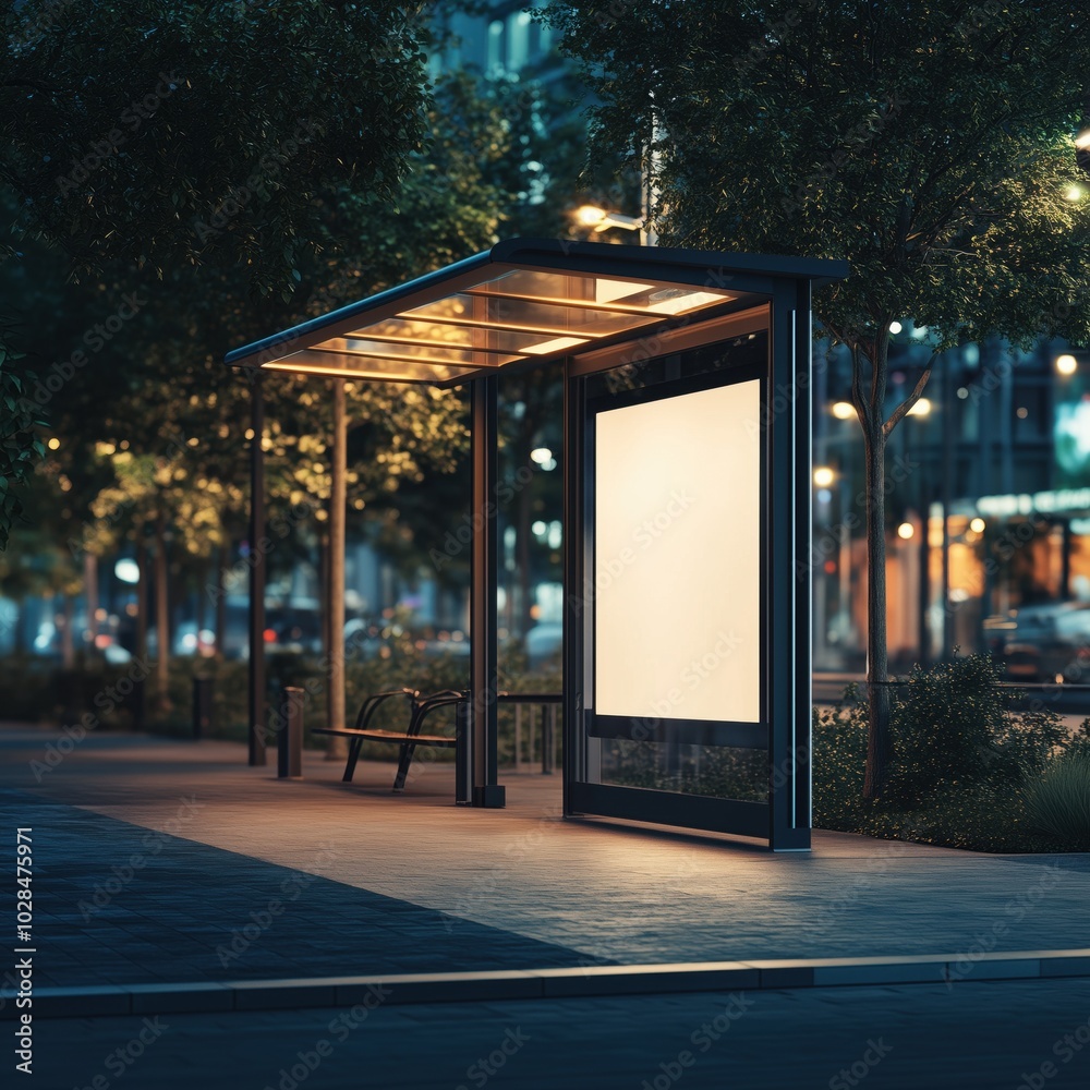Blank white bus stop advertising mockup. Night city scene background. Glowing screen, digital signage mockup. Blank billboard at bus stop for advertising, empty space template. Blank white bus stop advertising mockup. Night city scene background. Glowing screen, digital signage mockup. Blank billboard at bus stop for advertising, empty space template.