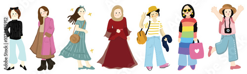 Modern women collection. Female diverse faces of different ethnicity. Women empowerment movement pattern. International womens day graphic vector. Isolated on transparent background. 