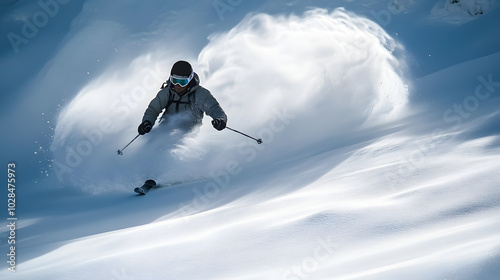 A skier skiing through a fresh layer of powder leaving a trail of kicked-up snow in their wake.