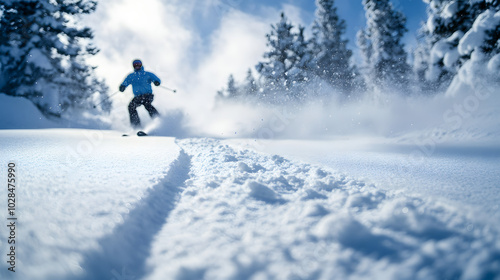 A skier skiing through a fresh layer of powder leaving a trail of kicked-up snow in their wake.