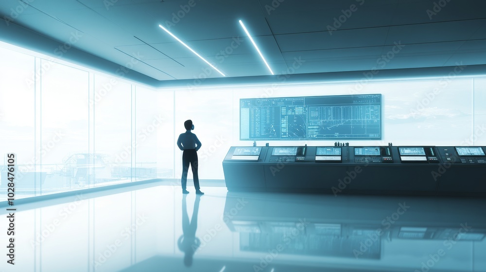 Fototapeta premium A futuristic control room with a lone figure observing digital displays, symbolizing technology and innovation.