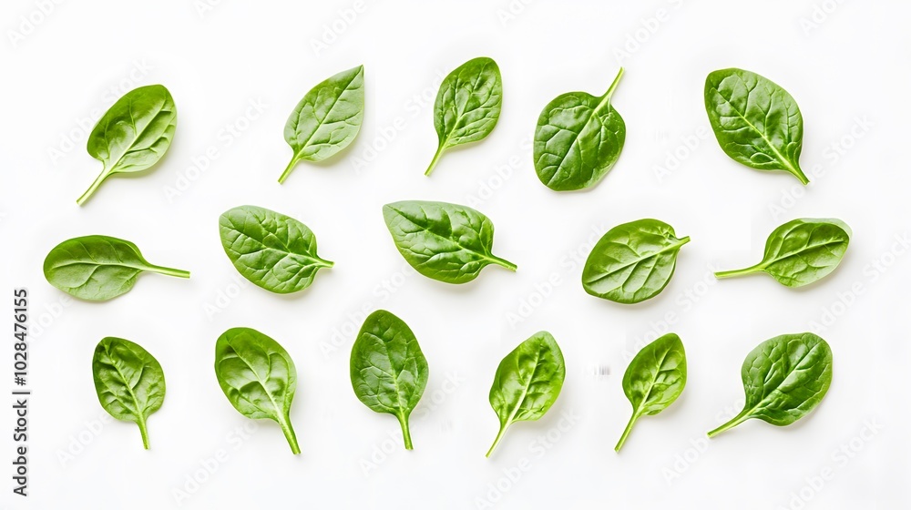 Fresh green healthy spinach on white background, top view. Fresh green healthy spinach on white background, top view.