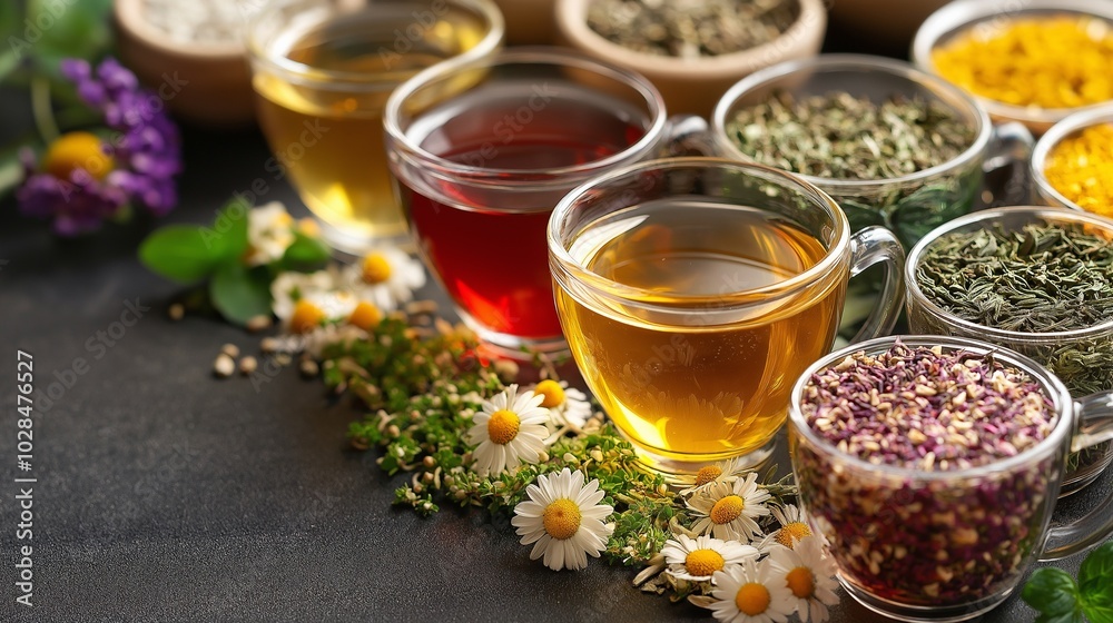 close-up of A collection of herbal teas like chamomile and green tea, highlighting calming effects and antioxidant properties close-up of A collection of herbal teas like chamomile and green tea, highlighting calming effects and antioxidant properties