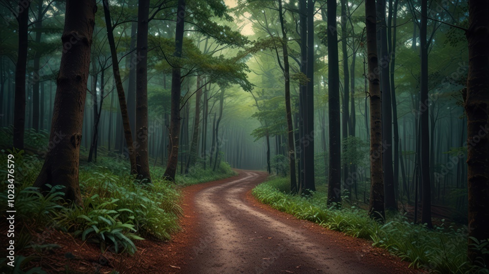 Fototapeta premium A winding dirt road leads through a dense, misty forest, sunlight filtering through the trees creating a mysterious and inviting atmosphere.