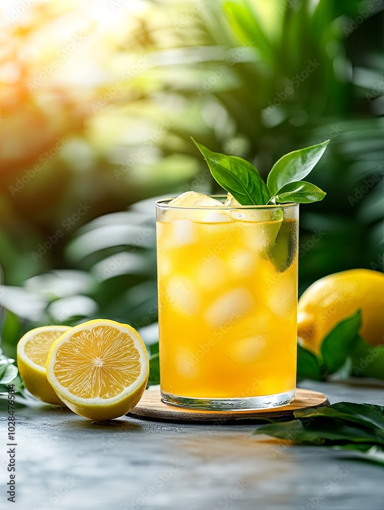 Fototapeta premium Refreshing citrus drink with lemon and basil in a tropical setting