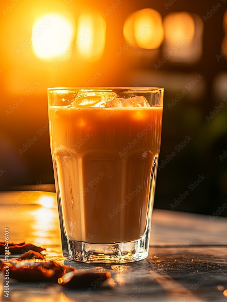 Refreshing iced coffee illuminated by sunset glow Refreshing iced coffee illuminated by sunset glow
