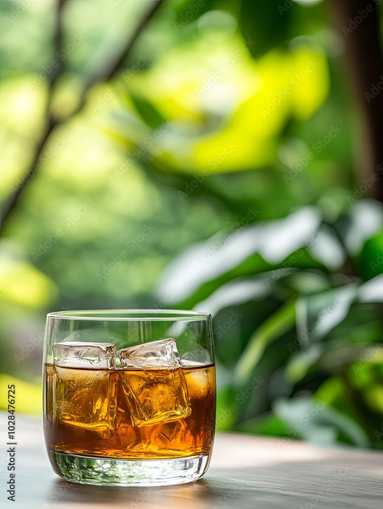 Refreshing whiskey on the rocks amidst lush greenery Refreshing whiskey on the rocks amidst lush greenery