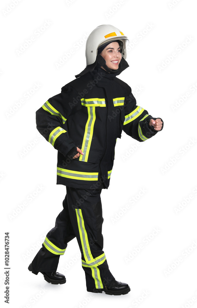 Full length portrait of firefighter in uniform and helmet on white background Full length portrait of firefighter in uniform and helmet on white background