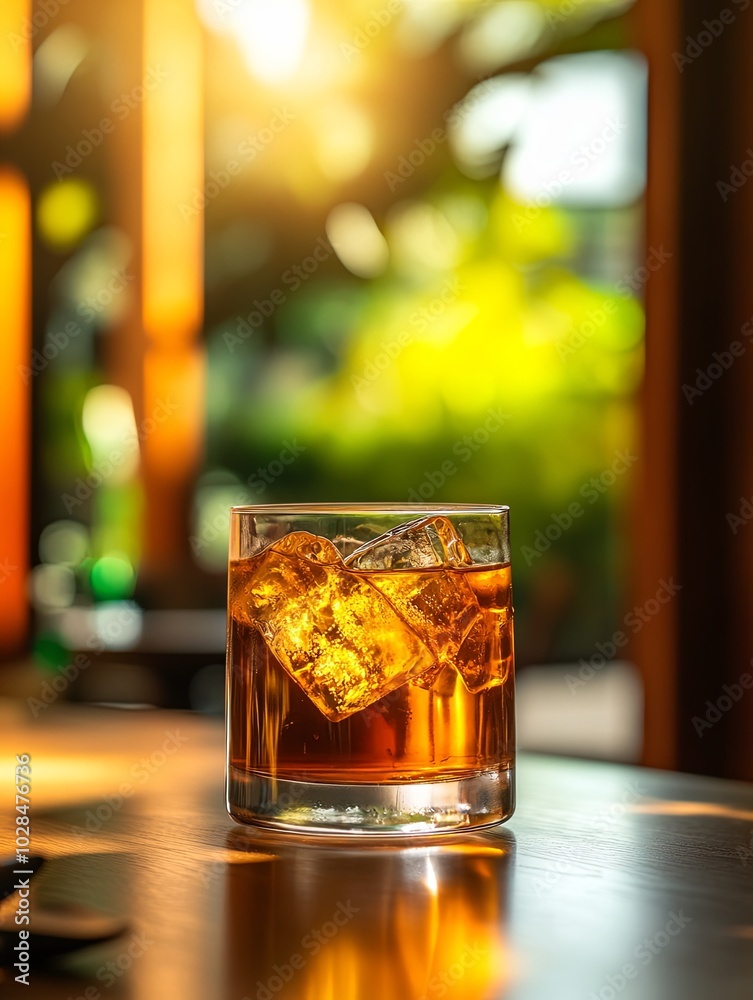Refreshing whiskey on the rocks in a sunlit setting Refreshing whiskey on the rocks in a sunlit setting