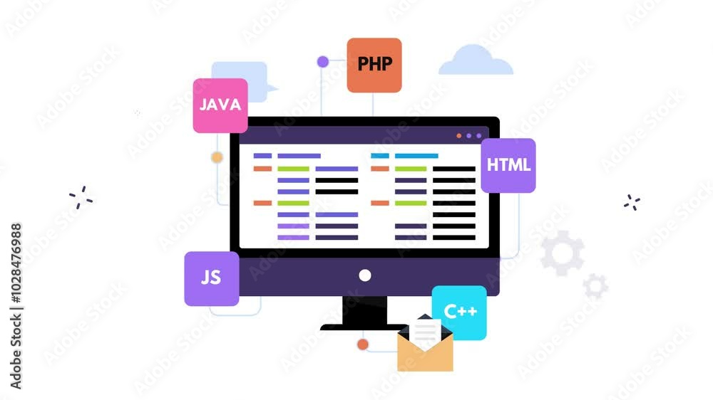 Web development animation for promotional video. The animation consists of elements and icons that personify web development and web design. It is suitable for creating a dynamic video on this topic.