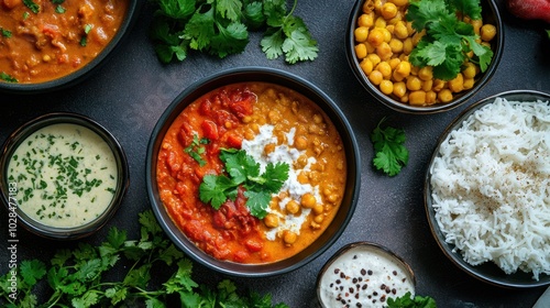 Close-up of Indian Curry with Chickpeas, Tomatoes, and Cilantro