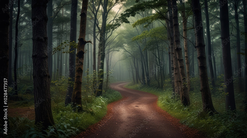 Fototapeta premium A winding dirt road leads through a dense, misty forest.