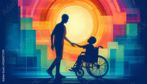 A heartwarming abstract illustration of a child in a wheelchair interacting with an adult, symbolizing mentorship, support, and guidance