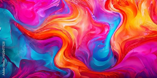 A colorful abstract painting with a blue, red, and yellow swirl