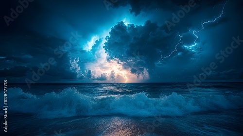 A lightning storm over the ocean, illuminating the dark water with every strike