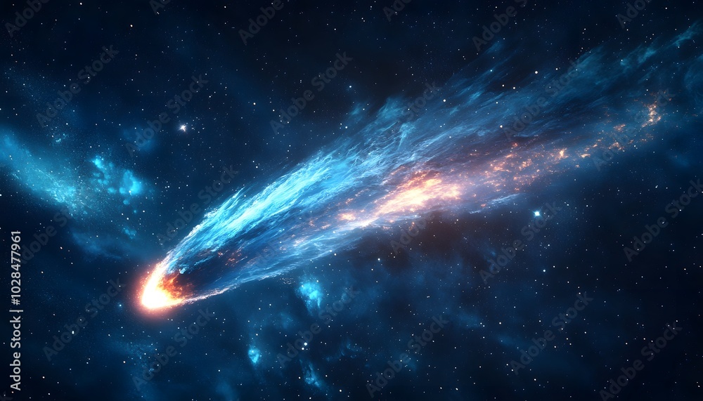 A comet blazing through the night sky, its tail leaving a glowing streak behind