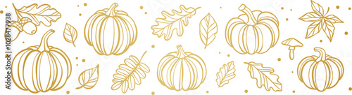 Golden pumpkin autumn banner, Thanksgiving or Halloween elegant festive holiday harvest seasonal frame design, decorative vector clip art border, isolated