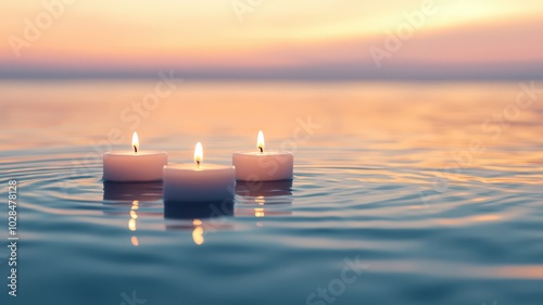 Tranquil dusk scene with floating candles illuminating a calm water surface, creating a serene ambiance.