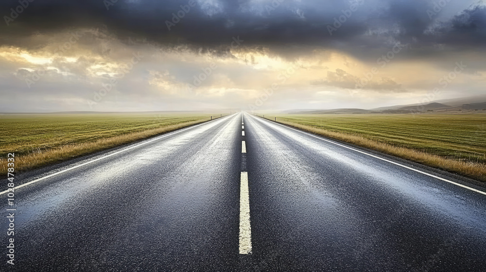 Wet Green Fields and Rain-Kissed Road Under Dark Clouds Wet Green Fields and Rain-Kissed Road Under Dark Clouds