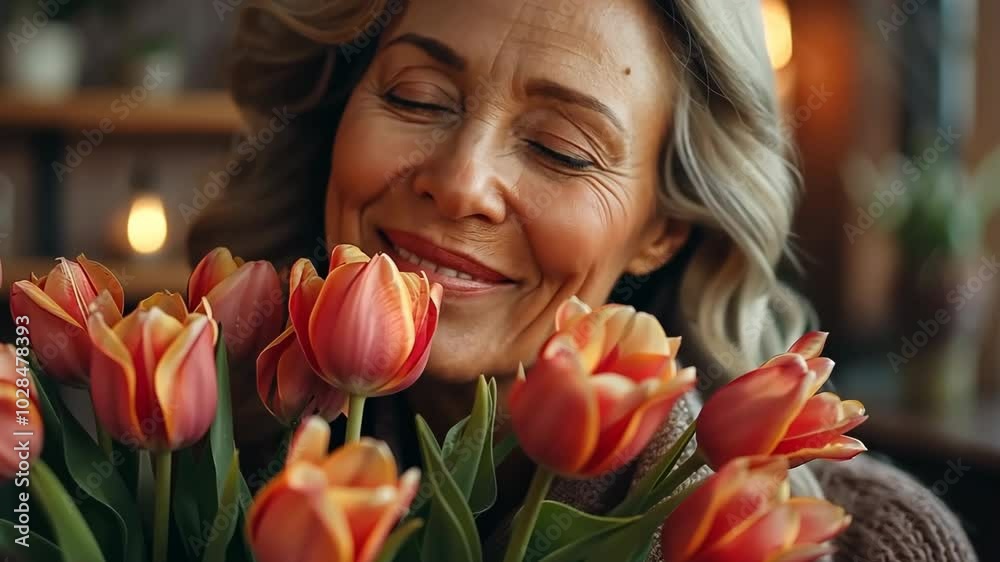 A cheerful, attractive elderly lady beams with joy, holding a romantic tulip bouquet. A cheerful, attractive elderly lady beams with joy, holding a romantic tulip bouquet.
