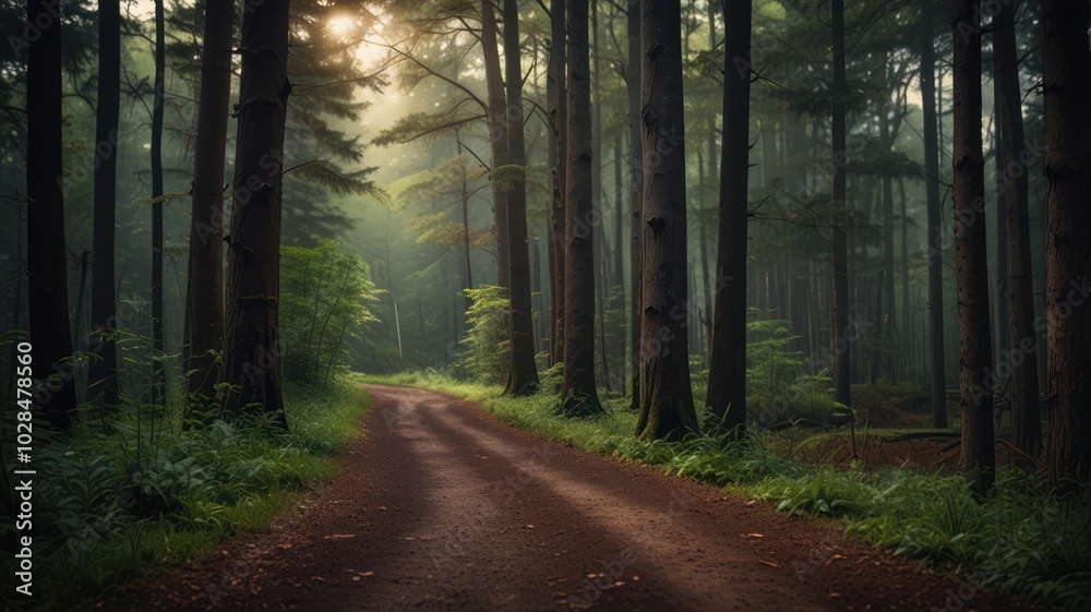 Fototapeta premium A dirt road winds through a dense forest, bathed in the soft glow of morning sunlight. The air is misty and the trees stand tall and imposing, creating a sense of mystery and tranquility.