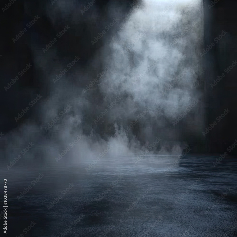 Dark foggy scene, eerie mist, light beam, water reflection, creepy atmosphere, fog in darkness, mysterious smoky scene Dark foggy scene, eerie mist, light beam, water reflection, creepy atmosphere, fog in darkness, mysterious smoky scene