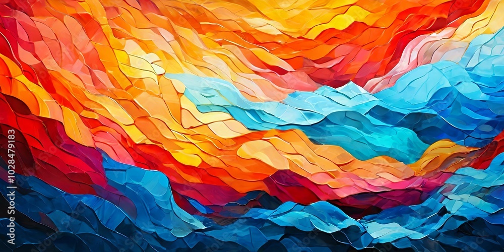 A painting of a colorful ocean with waves and mountains in the background A painting of a colorful ocean with waves and mountains in the background