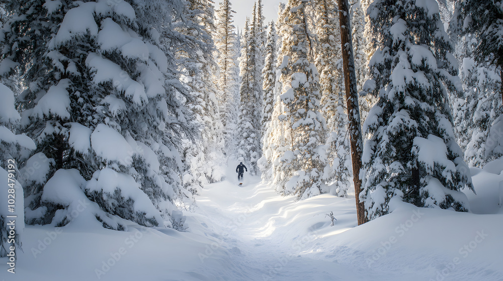 A snowboarder descending through deep powder snow surrounded by tall snow-laden trees. A snowboarder descending through deep powder snow surrounded by tall snow-laden trees.