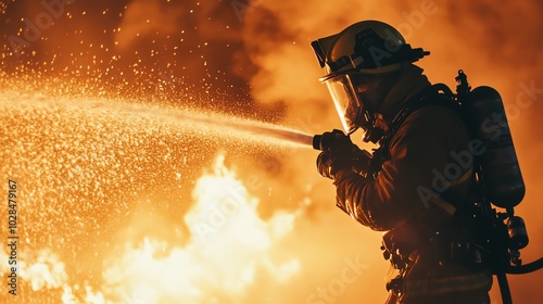 Firefighter combating flame in emergency situation photo