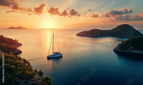 Sailboat at Sunset in a Sea Bay