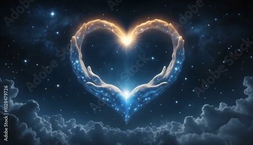 Hands forming a glowing heart shape with stars and clouds in a night sky