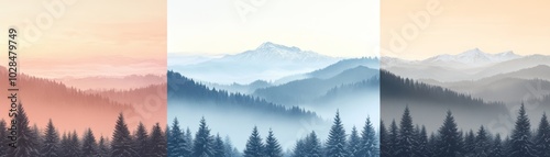 Serene landscapes, tranquil beauty of trees and mountains in three picturesque scenes